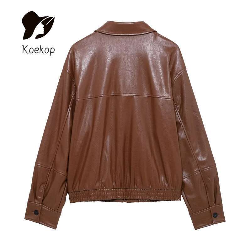 Designer Clothes Koekop Women's Fashion Pure Color Faux Leather Textured Pilot Coat Vintage Casual Long Sleeve Ladies Chic Lady Jacket