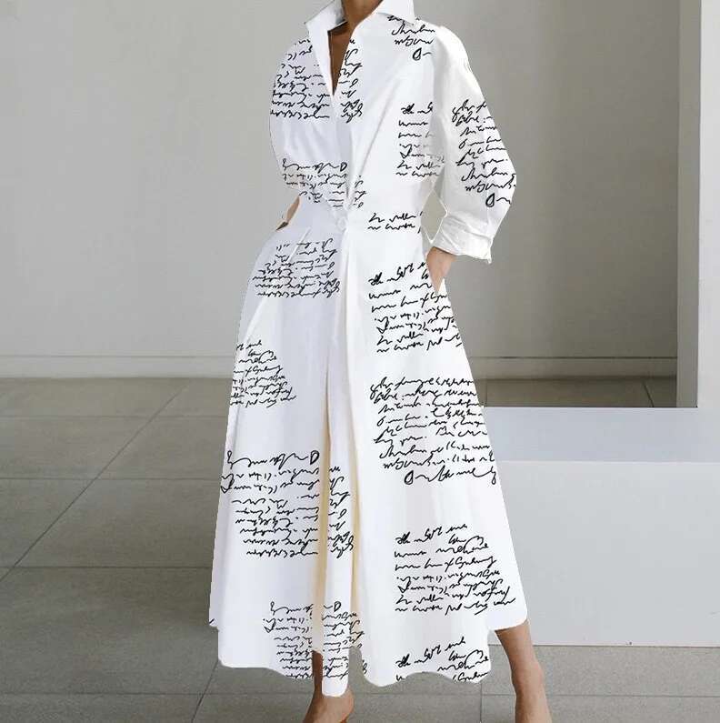 Superaen Dresses Spring 2024 New Commuter Fashion Lapel Collar Long Sleeve Elastic Swing Dress
