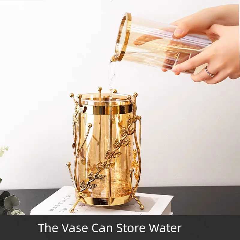 Luxury Metal Flower Vase European Style Glass Plant Pot Wedding Christmas Living Room Dining Table Home Decoration Artwork C251124