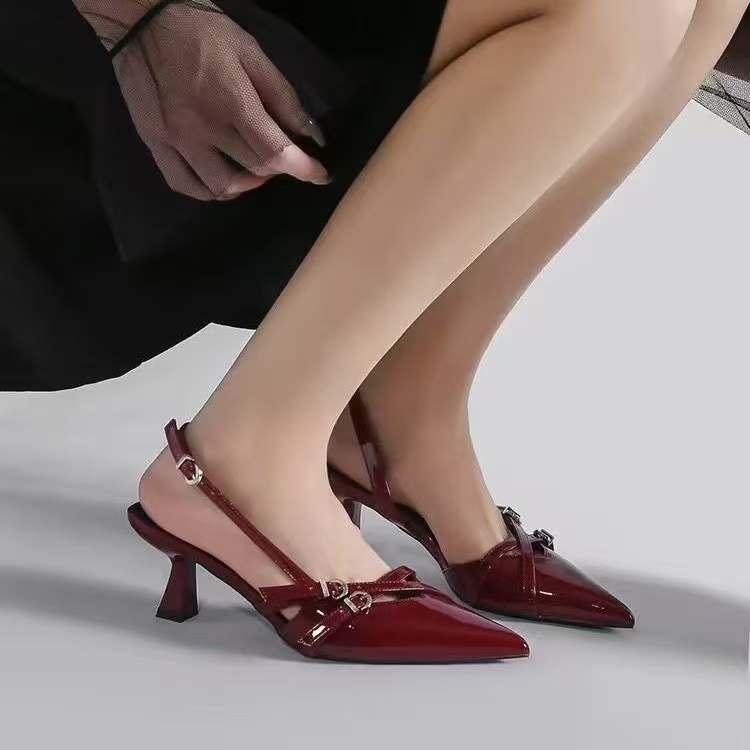 Footwear Female Designer Shallow Pumps For Women Buckle Strap Fashion Pointed Toe Ladies Medium Heels Shoes Sandals b041