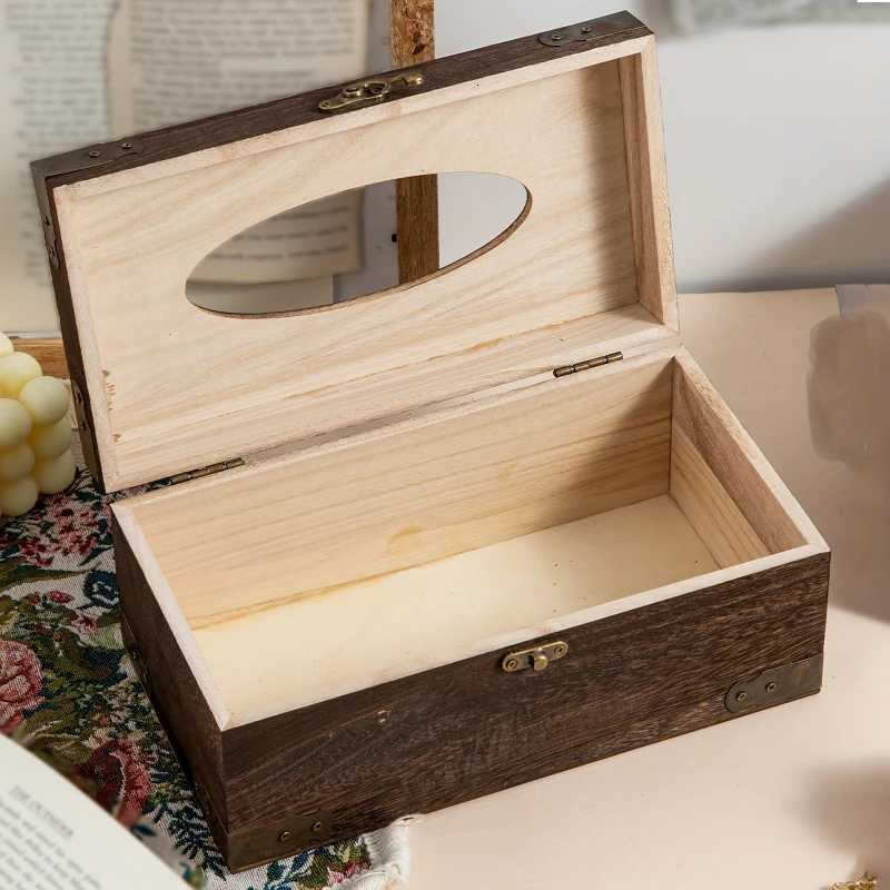 Solid Wooden Tissue Box Vintage Metal Lock Paper Napkin Holder Dispenser Case Bathroom Office Desk Living Room Home DecorationM251124