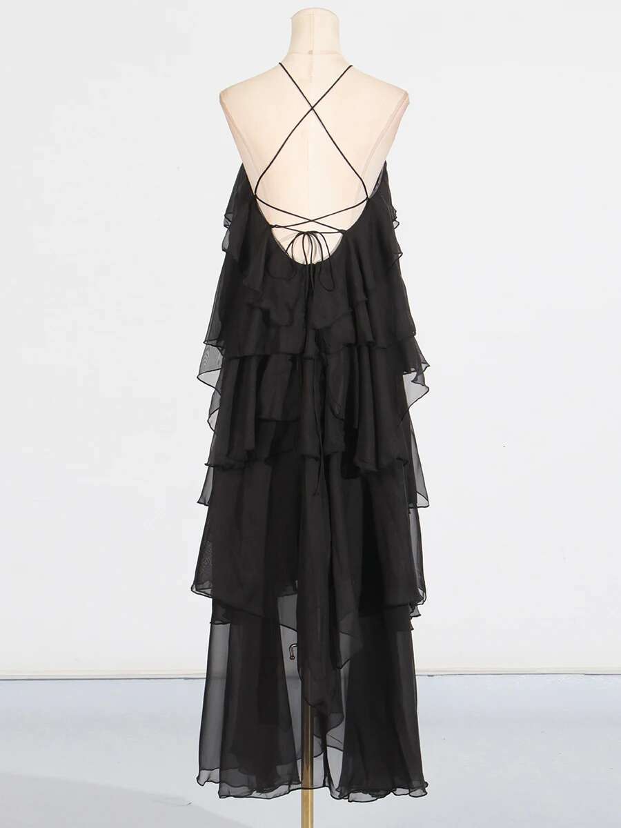 VGH Chic Long Style Women's Loose Dresses With Ruffles Halter Sleeveless Spliced Large Flower Chiffon Dress Female Clothing New