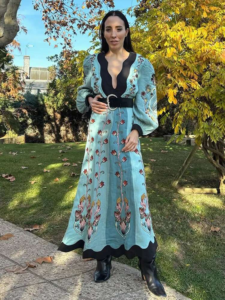 Elegant Printed Deep V-Neck Dresses Women Vintage Loose Backless Long Sleeve Maxi Dress Lady New Spring Chic Party Beach Holiday