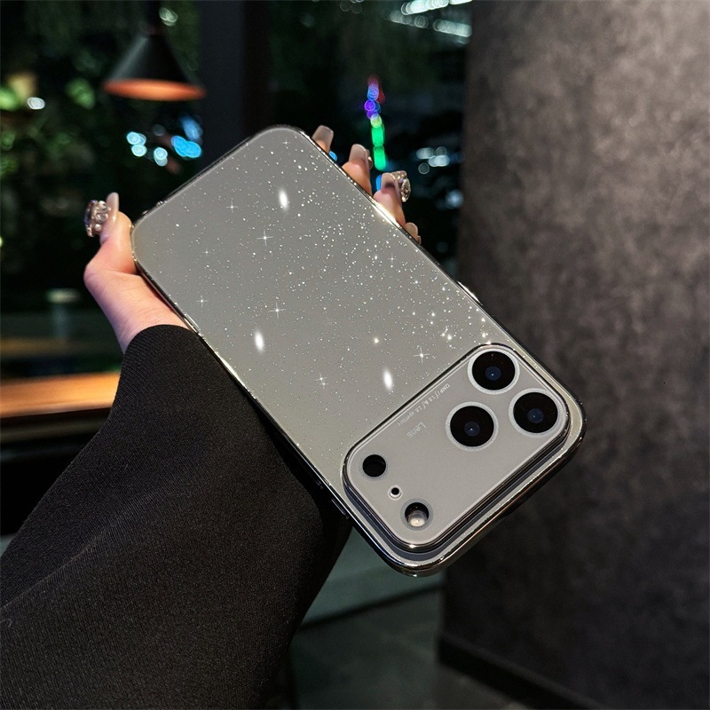 Electroplated Glass Glitter Starry Sky Phone Case Compatible with iPhone 17 Pro Max Simple Case iPhone 16/15/14 Pro