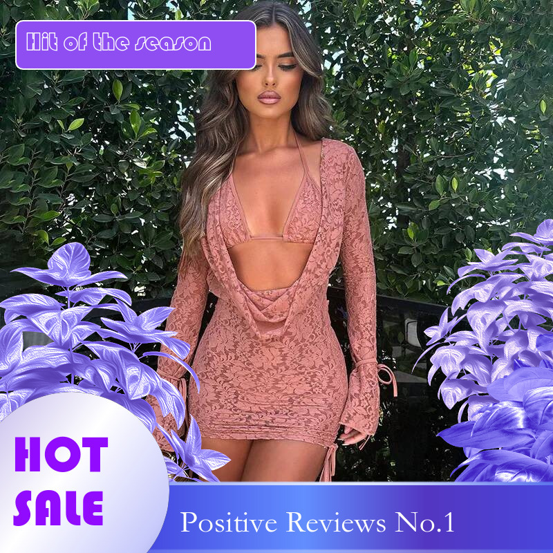 Dongdumaoyi Townlike Perspective Lace Slim Bodycon Dress Mini Autumn Winter Backless Deep V Neck Sexy Party Dresses With Bra