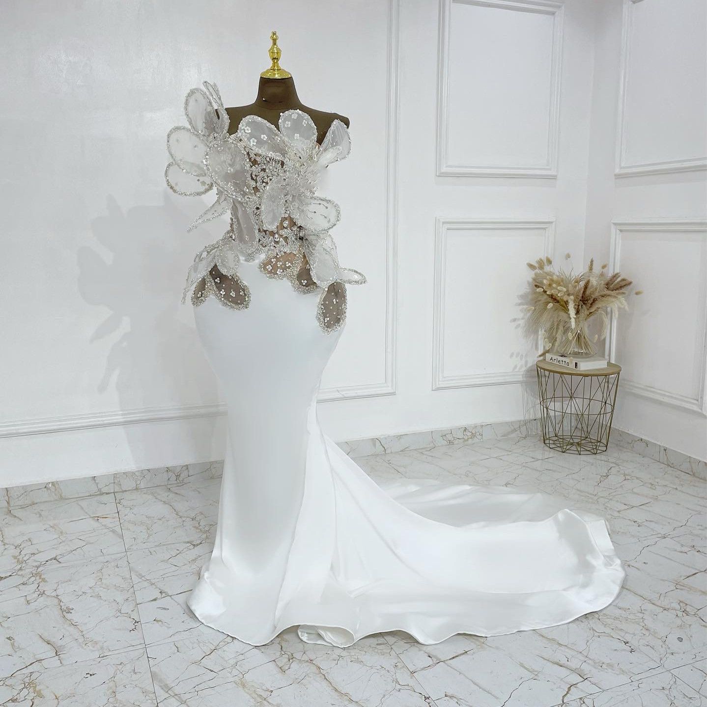 Aso Ebi White Mermaid Prom Florals Beaded Crystals Satin Evening Formal Party Second Reception Birthday Engagement Gowns Dress Robe De Soiree N24 B031