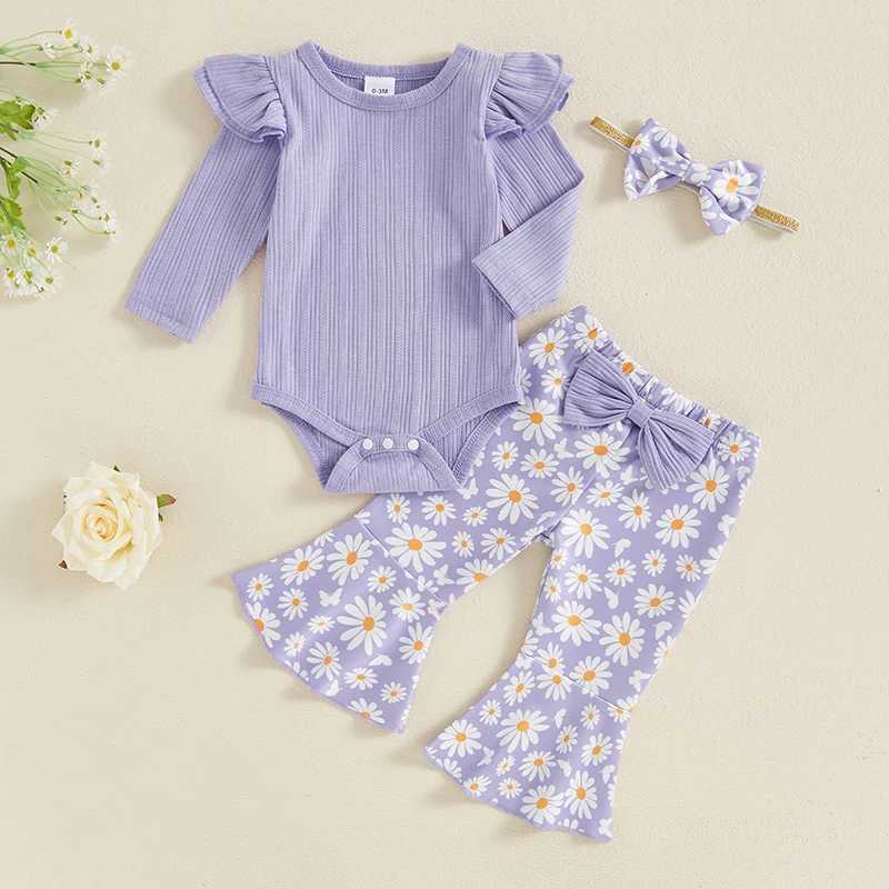 Clothing Sets 2024-05-23 Lioraitiin Baby Girl 3 Piece Fall Outfit Long Sleeve Ribbed Romper Flare Pants Bow Headband R250424
