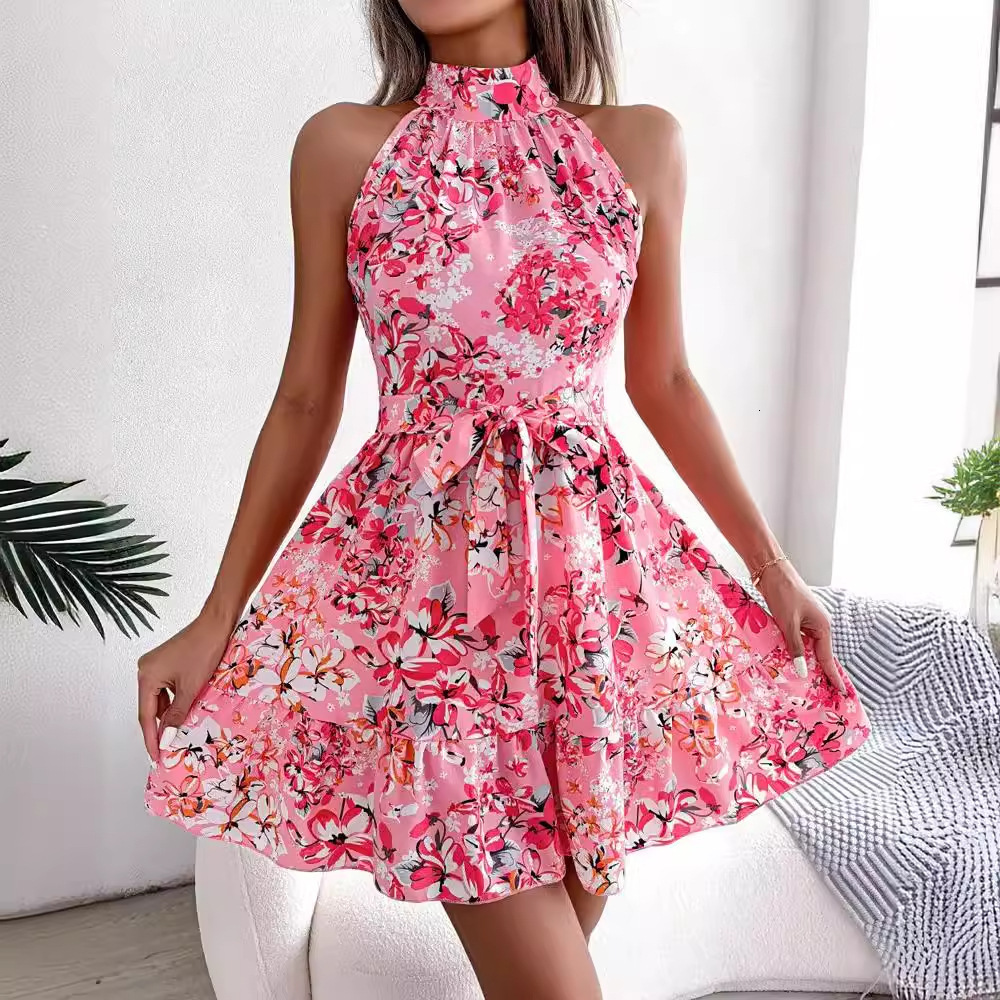 2024 Summer Sleeveless Floral Hanging Neck Waist Dress for Women