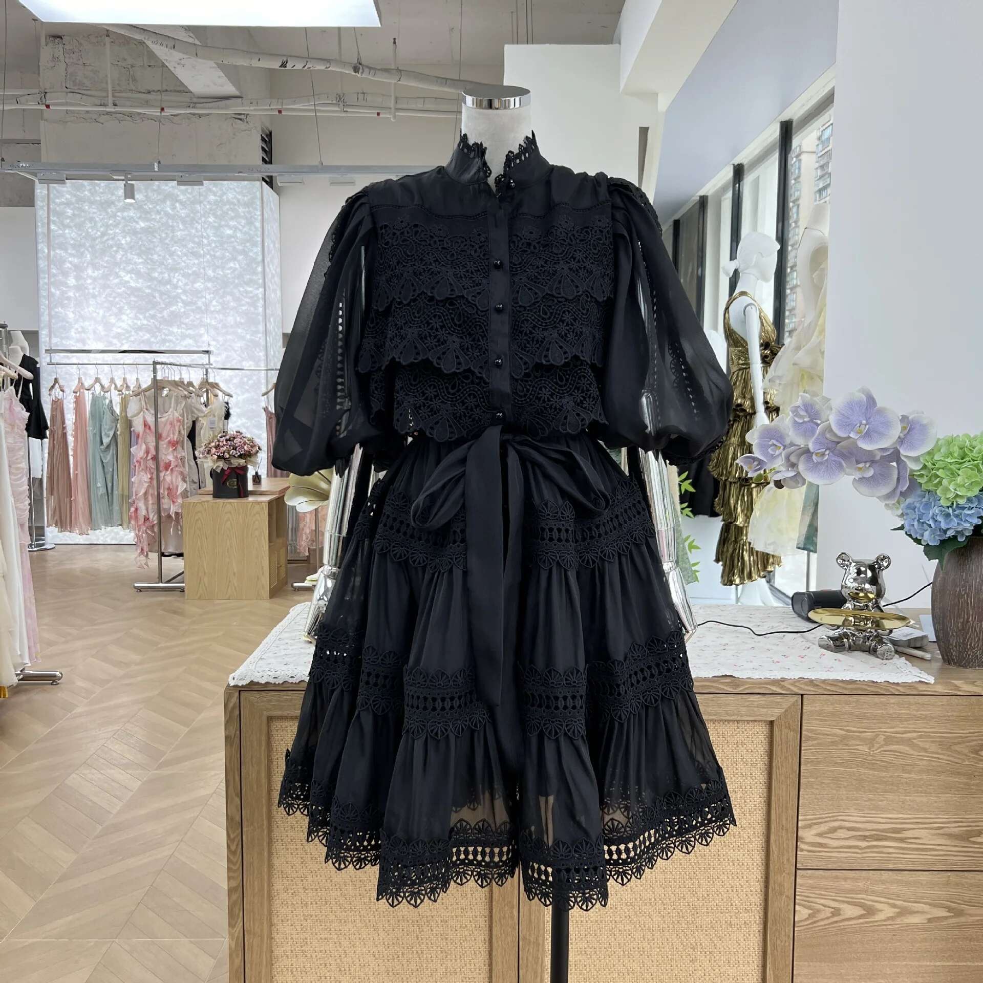 Organza Hollow Out Short Dress Women's Fashion 2025 Spring Summer Pearls Loose Evening Party Ruffles Dresses Quality