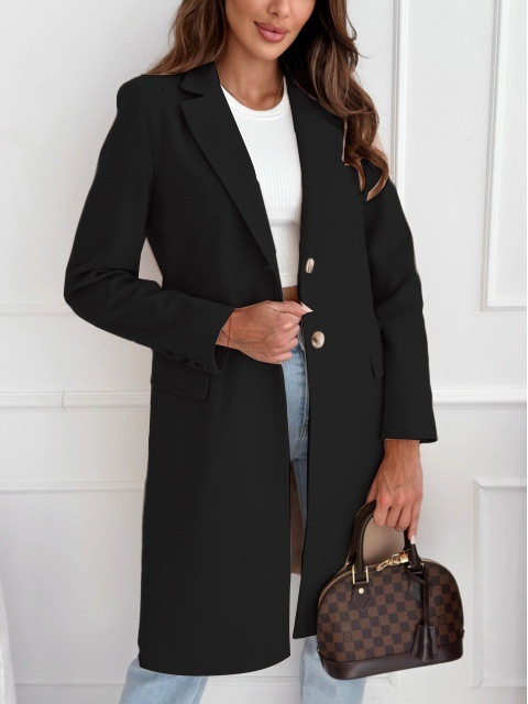 2024 autumn and winter simple solid color medium long button down woolen coat jacket for women
