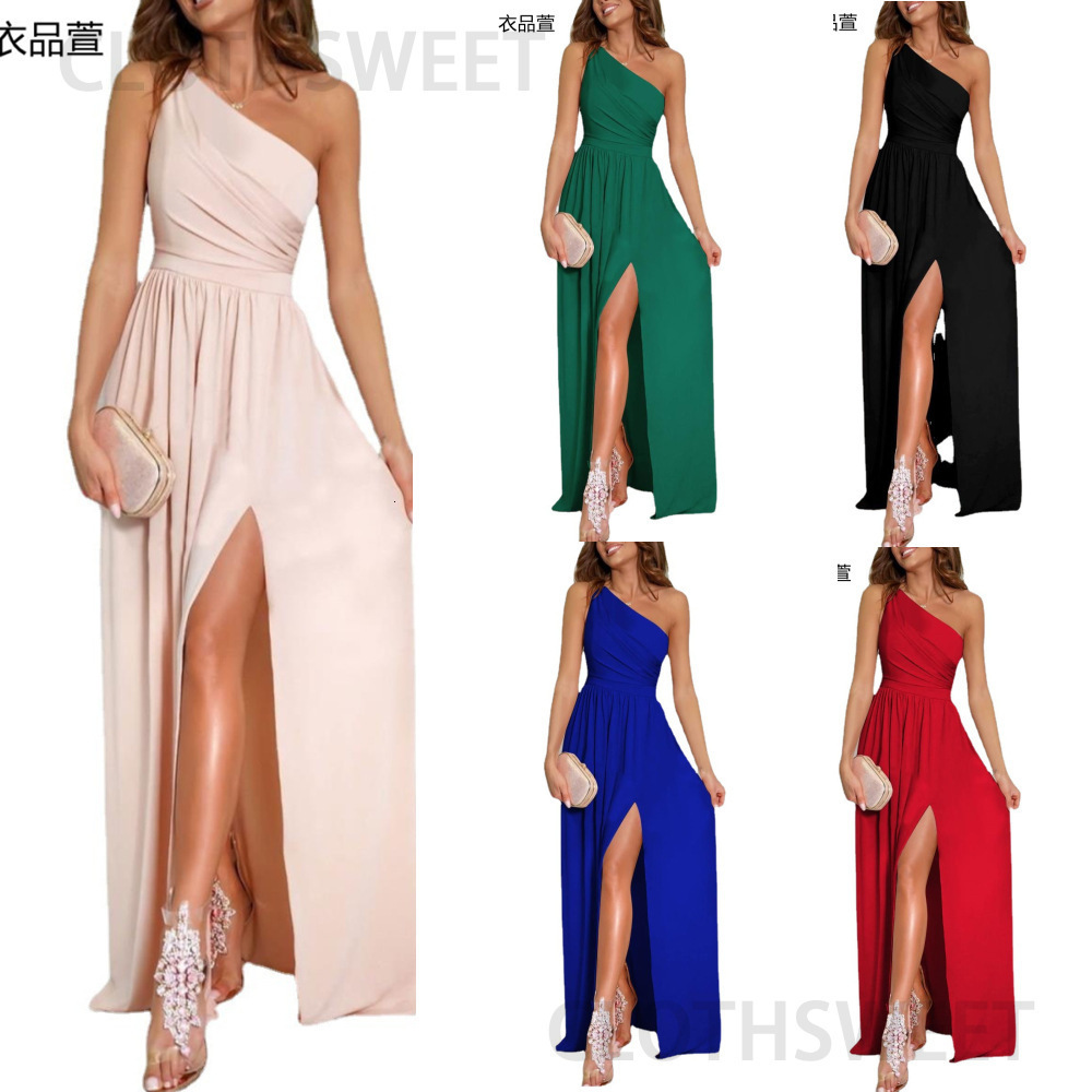 2022 new sexy solid color single shoulder hollow out hanging neck high waist split extra long dress womens wear