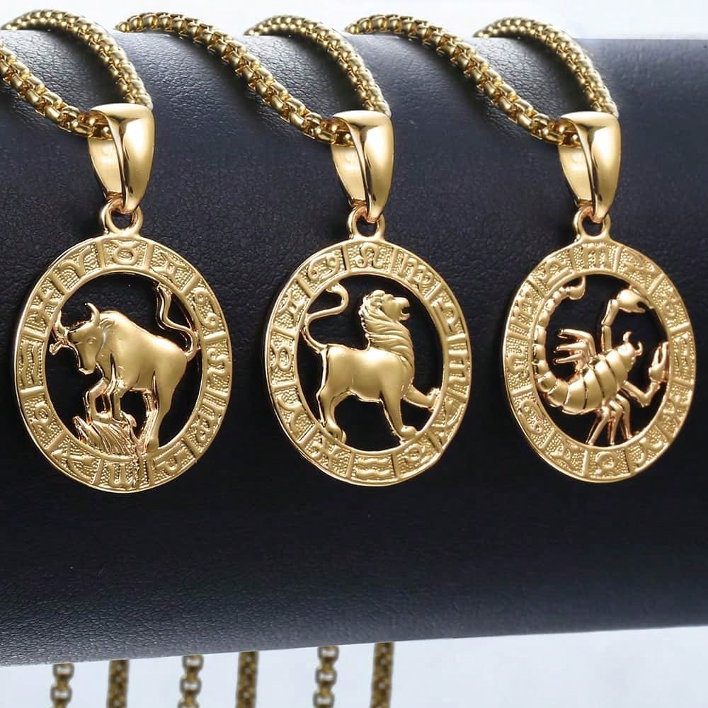 1PC Stainless Steel Vintage Zodiac Necklace For Men Women Gold Color 12 Constellation Horoscope Pendant with Box Chain Gift