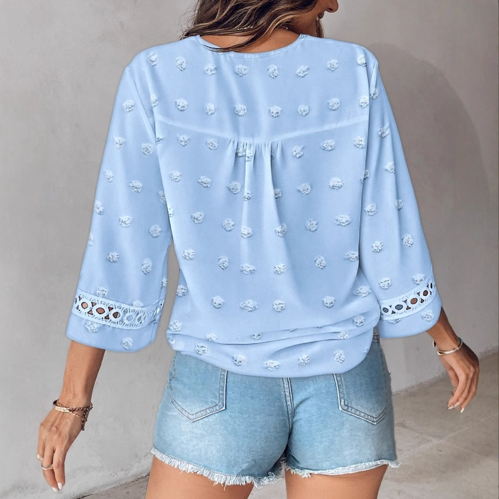 2025 Spring/Summer Style Solid Color V-neck Hollow Lace Shirt Womens Wear