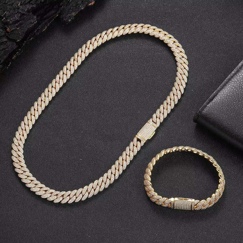 Mens 10mm Hip Hop Double Row Zircon Cuban Necklace Plated Link Chain or Engagement Copper Jewelry Gold for Wedding Party