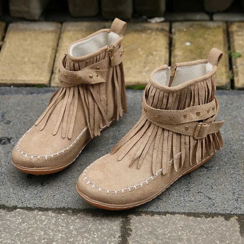 Botines Autumn Women Shoes Flat Heel Ankle Boots Retro Suede Tassel Women Boots Fashion Round Toe Soft Sole Short Boots Casual 250418