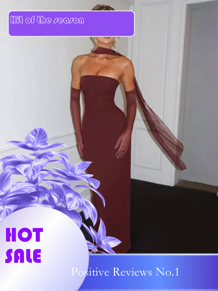 Dongdumaoyi Townlike Elegant Maxi Long Slim Bodycon Dress Women Strapless Summer Nightclub Sexy Party Dresses With Gloves Ribbon
