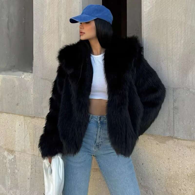 Designer Clothes TRAF Women Black Fluffy Women's Autumn Winter Faux Fur Coat Plush Outerwears White Gray Warm Cropped Jacket