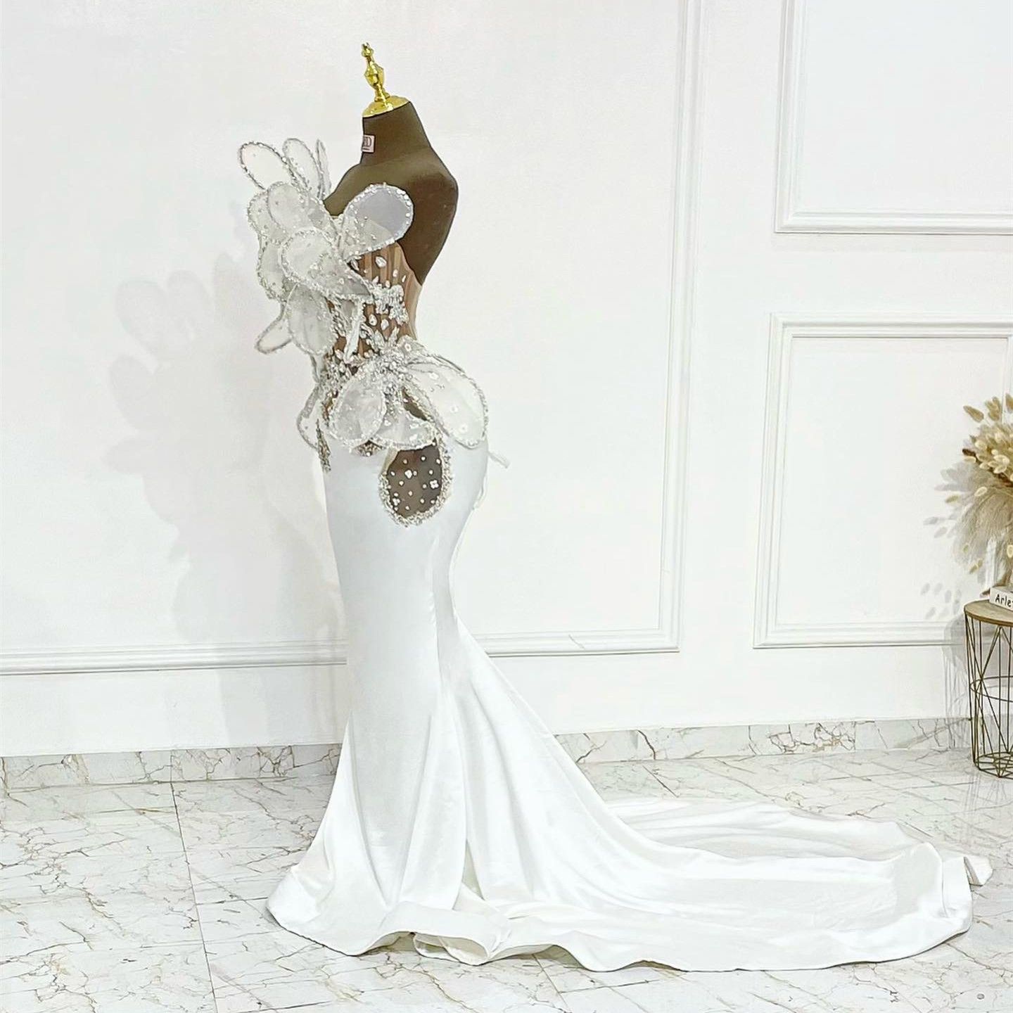 Aso Ebi White Mermaid Prom Florals Beaded Crystals Satin Evening Formal Party Second Reception Birthday Engagement Gowns Dress Robe De Soiree N24 B031