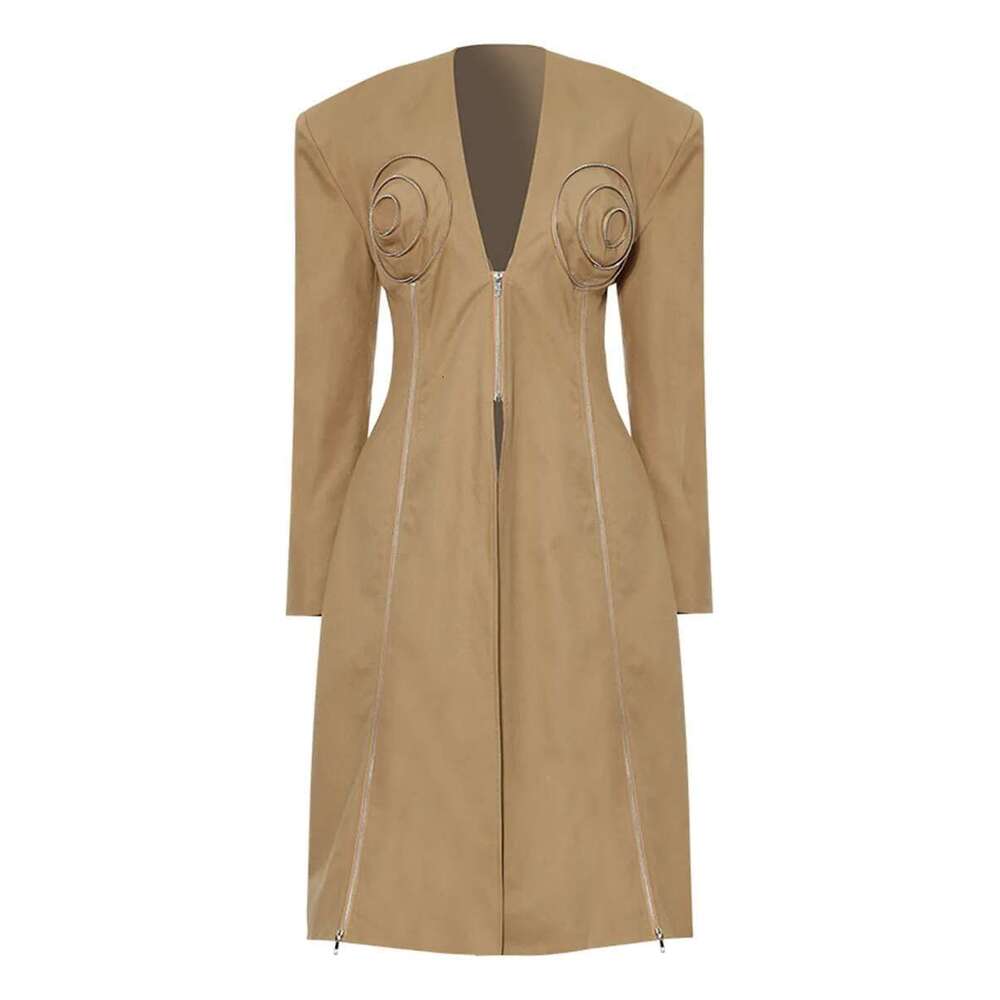 TWOTWINSTYLE Solid Spliced Zipper Chic Jackets For Women V Neck Sleeve Tunic Split Minimalist Long Coats Female Fashion New