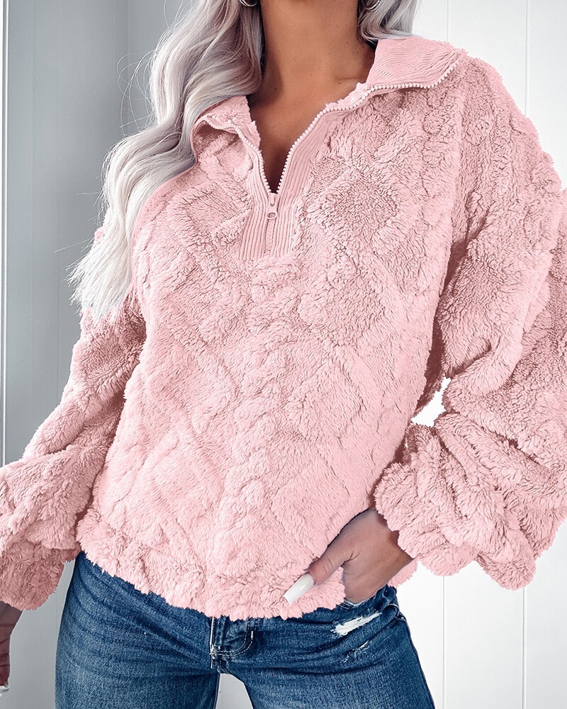 2024 new autumn and winter simple solid color half zipper stand up collar loose plush pullover hoodie