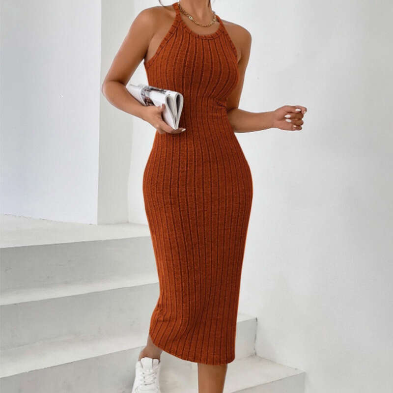 2025 New Women's Round Neck Solid Color Dress Versatile Non Fork Waist Knitted Shirt Backless
