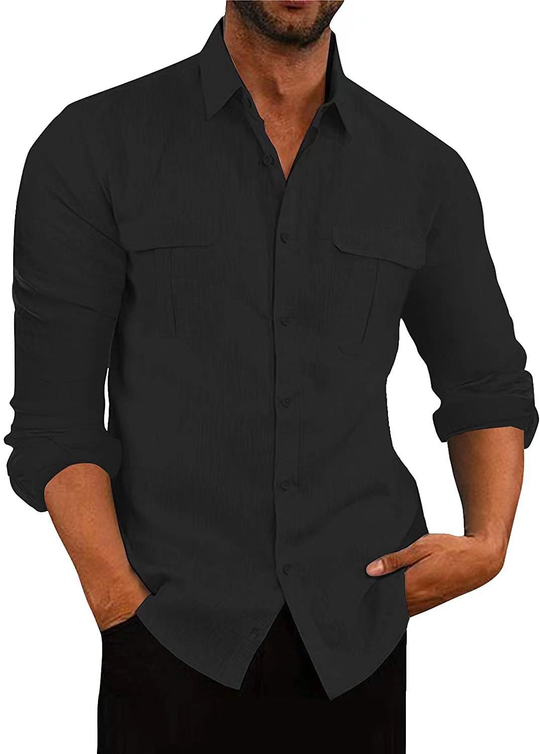 Mens shirt double pocket cotton linen long sleeve shirt leisure vacation shirt 6 colors