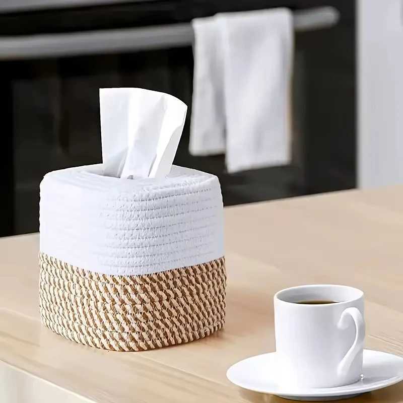 1pc Cotton Thread Tissue Box Square Desktop Napkin Decorative Box Multi-functional Hand-woven Storage Basket Tissue Storage BoxM251124