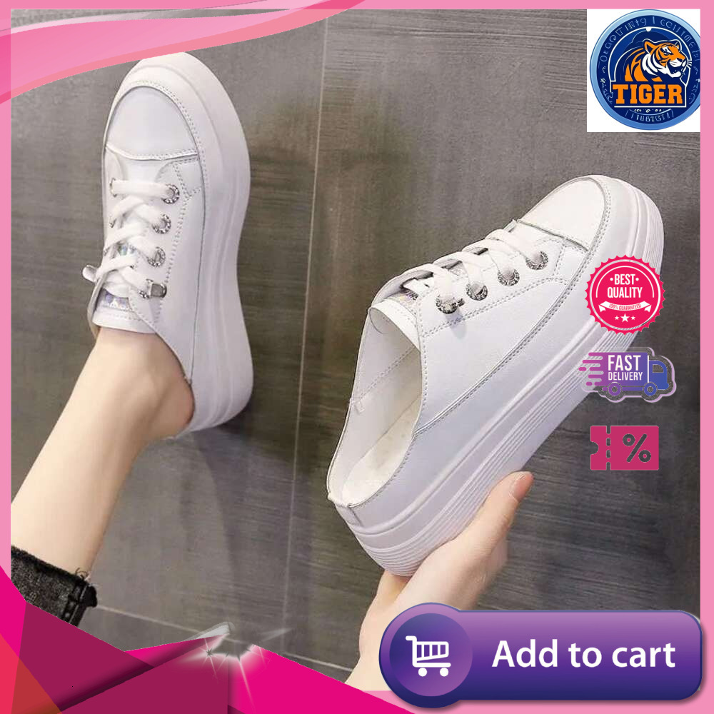 Ddmytiger Half Set White Shoes Women S Versatile Spring New Item No Heels Lazy Person One Foot Kick Toe Cover Slippers For Wearing Outside Ladies Appa