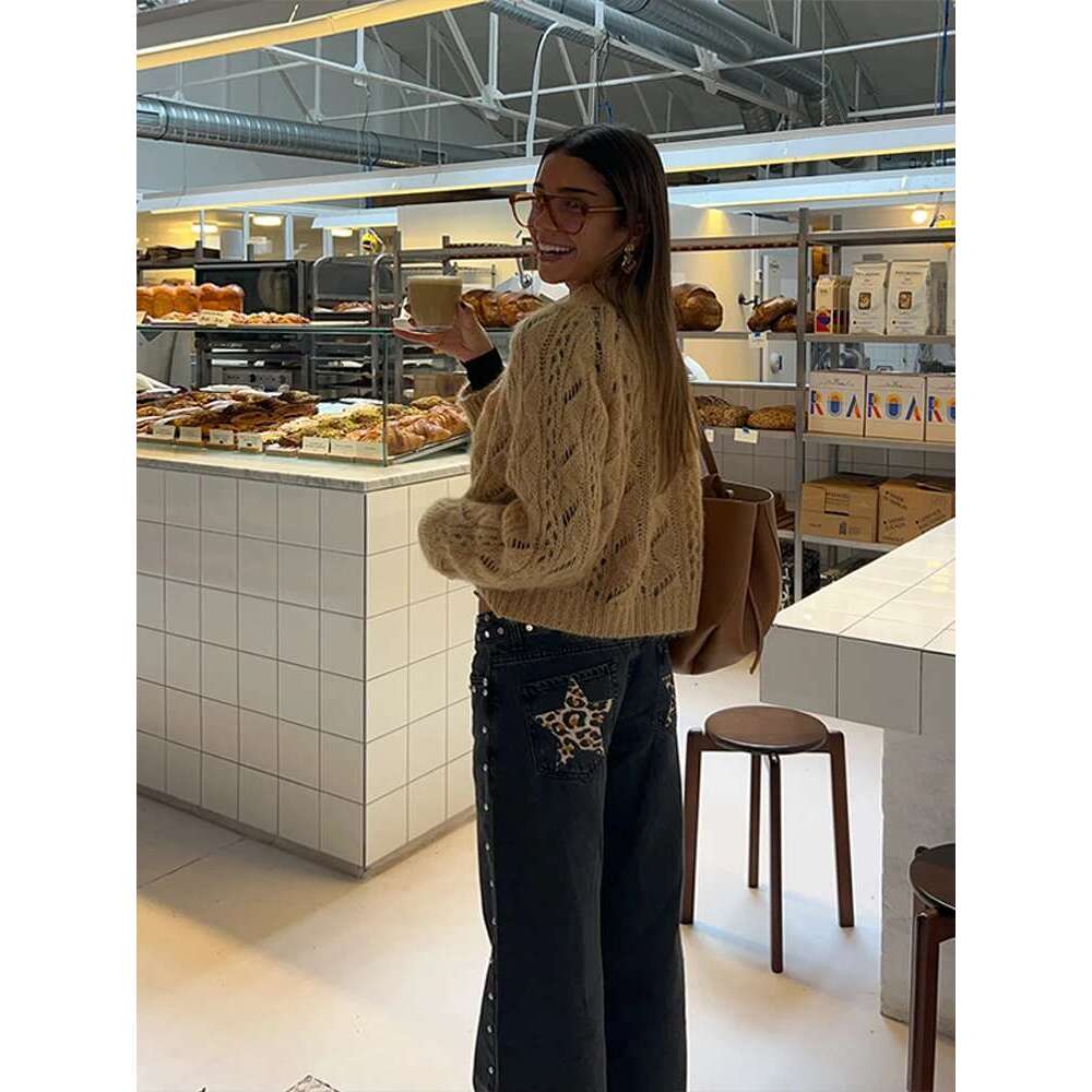 Leopard Print Star Beading Women Denim Pants Metal Rivet Low Rise Straight Wide Leg Jeans Dragging Vintage High Street Pant