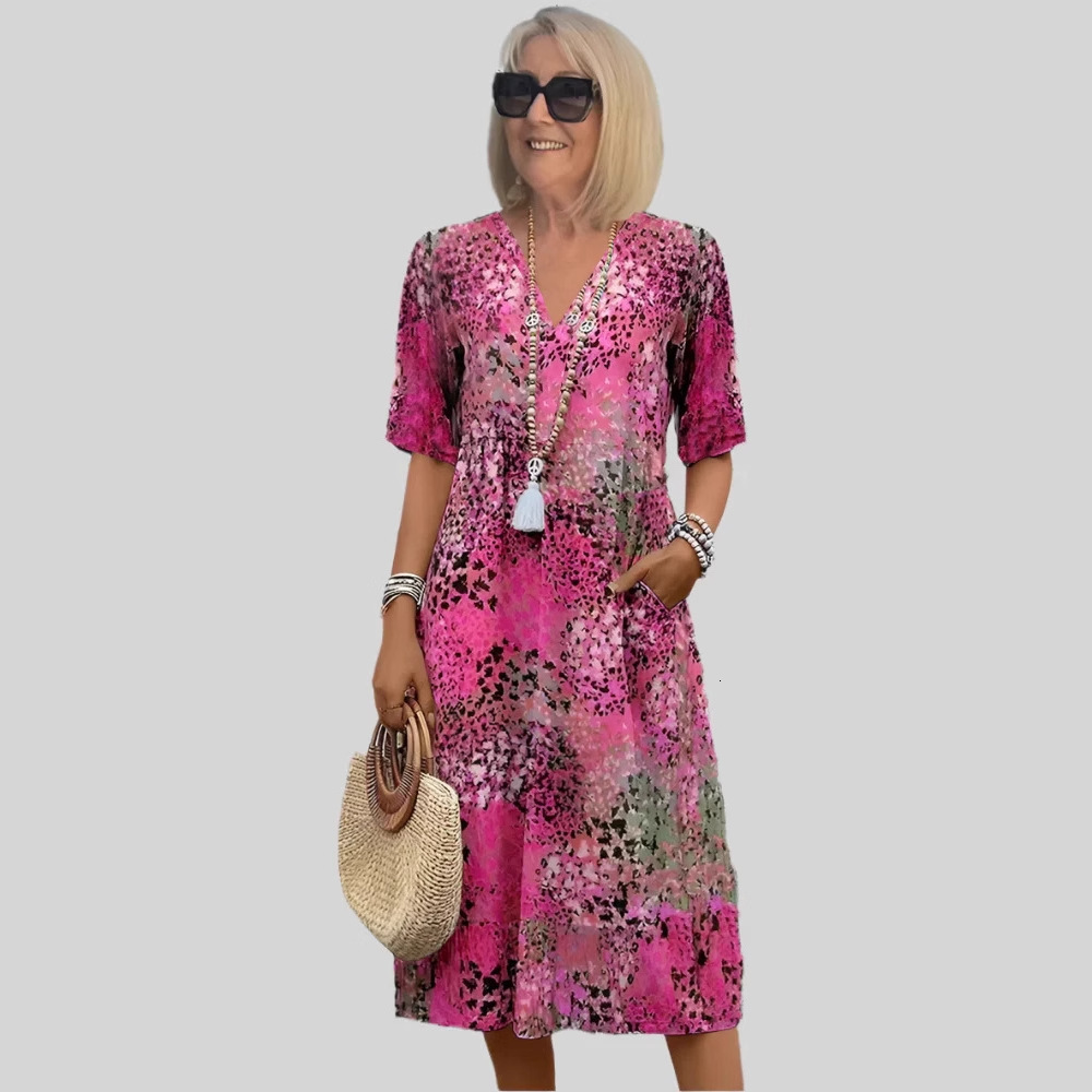 2025 Summer New Printed V-neck Leisure Vacation Pocket Dress for Women