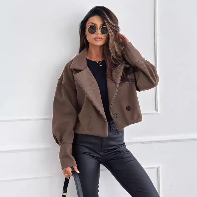 2024 new autumn and winter fashionable versatile suit collar solid color short woolen coat for women