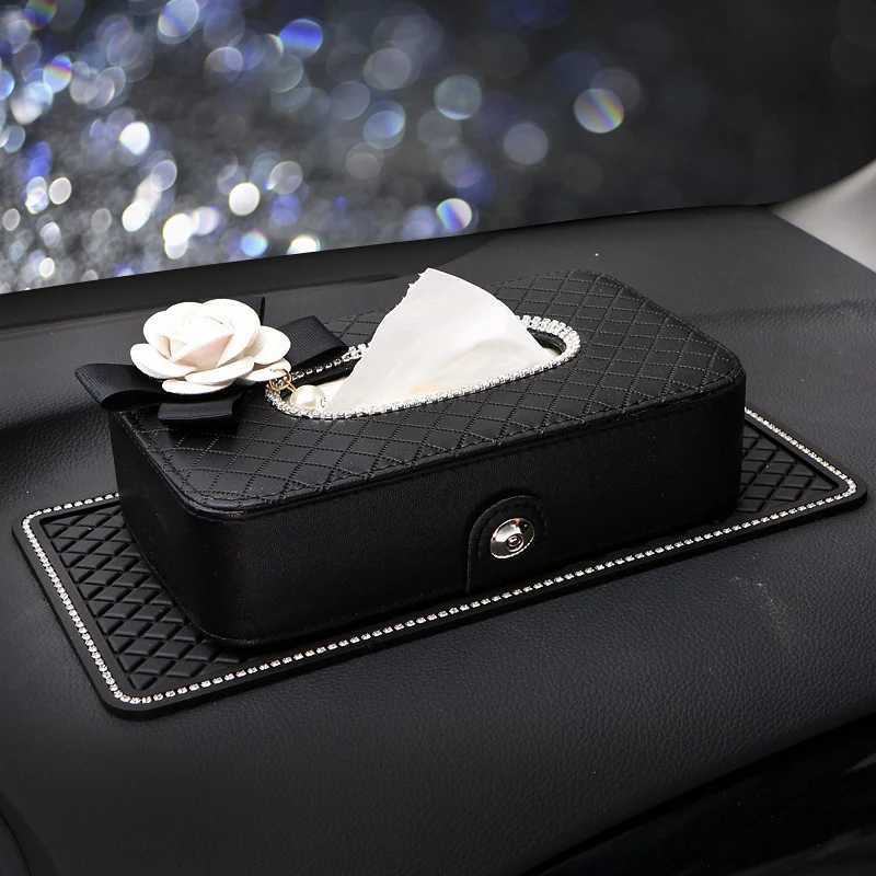 Crystal Car Tissue Box Camellia Flower PU Leather Auto Tissue Bag Seat Back Headrest Hanging Holder Case For Car AccessoriesM251124