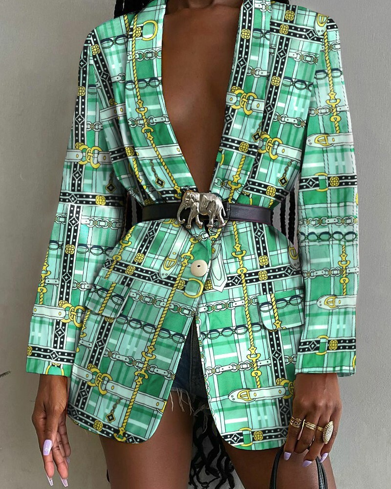 2021 autumn new fashion printed shawl collar single breasted belt suit coat women