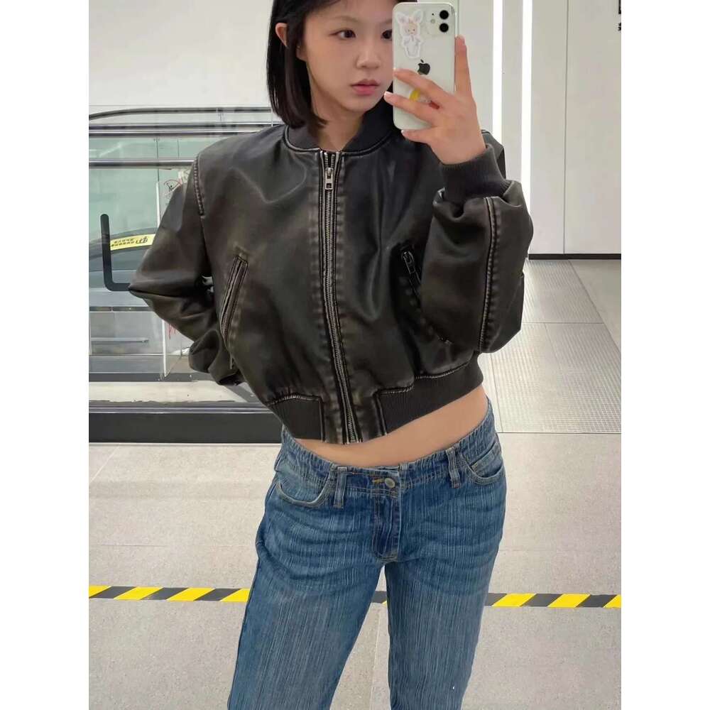ZVRI Women's New Vintage Imitation Leather Bomber Jacket Coat Top Women's Style