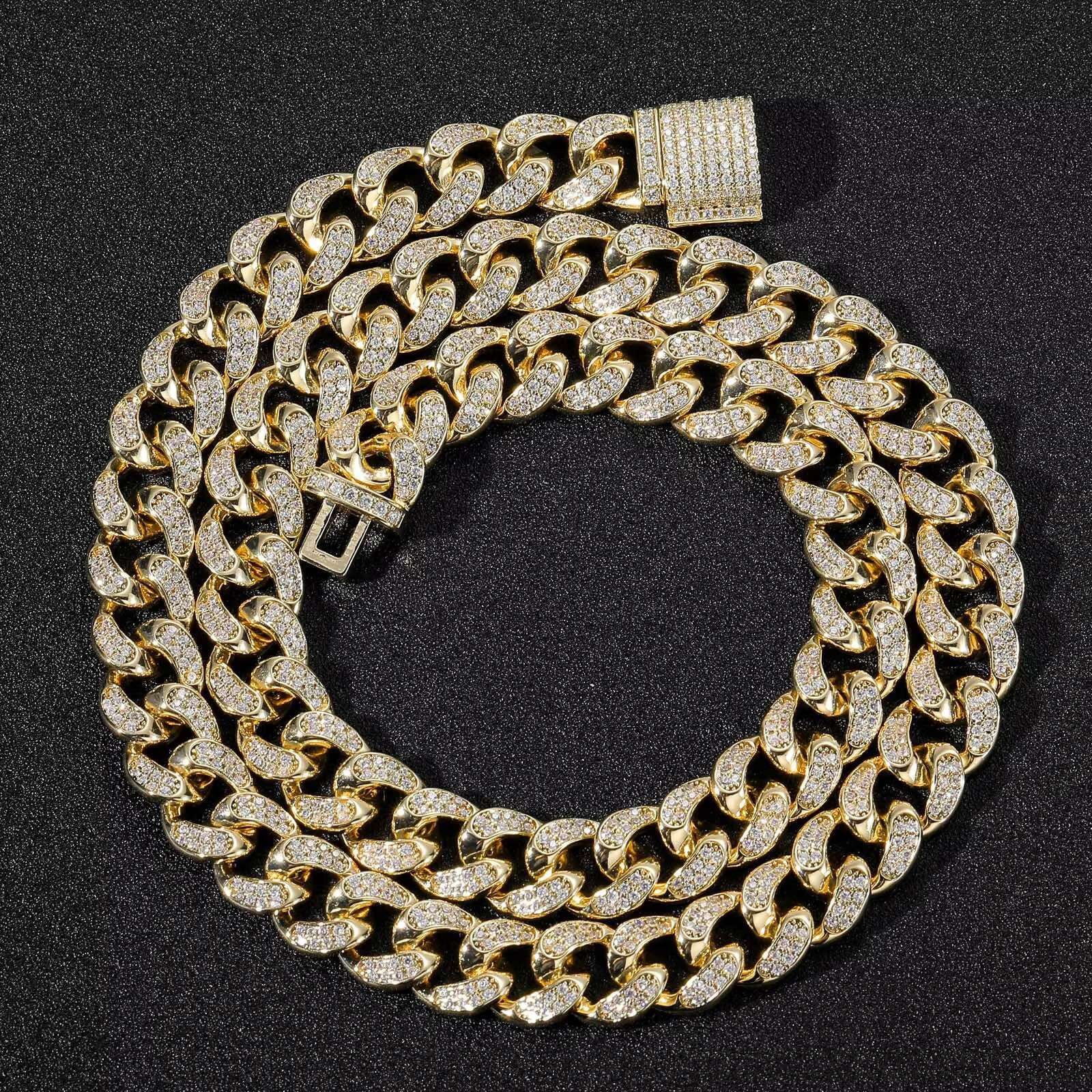 12MM Hot Selling Hip Hop Real Gold Chain Necklace Iced Out Miami Diamond CZ Miami Cuban Link Chain Necklace Set for Mens Jewelry