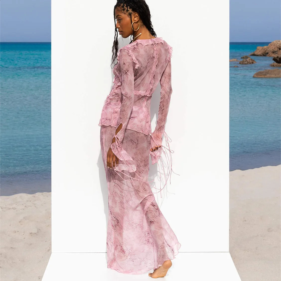 Hirigin Chic Women 2-piece long ski set sexy floral crop Cami top low waist body pleated long skirt summer beachwear 250422