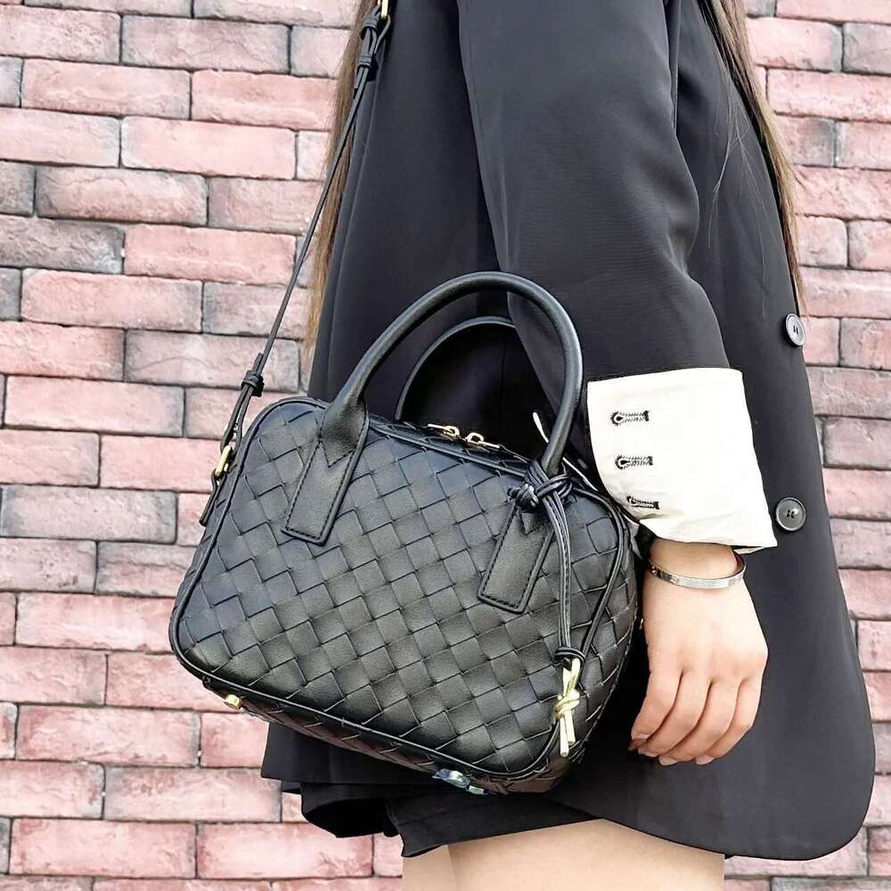 2024 New Large Capacity Leather Woven Square Box Women's Boston Handbag Shoulder Crossbody Bag Motorcycle Equipment Accessories