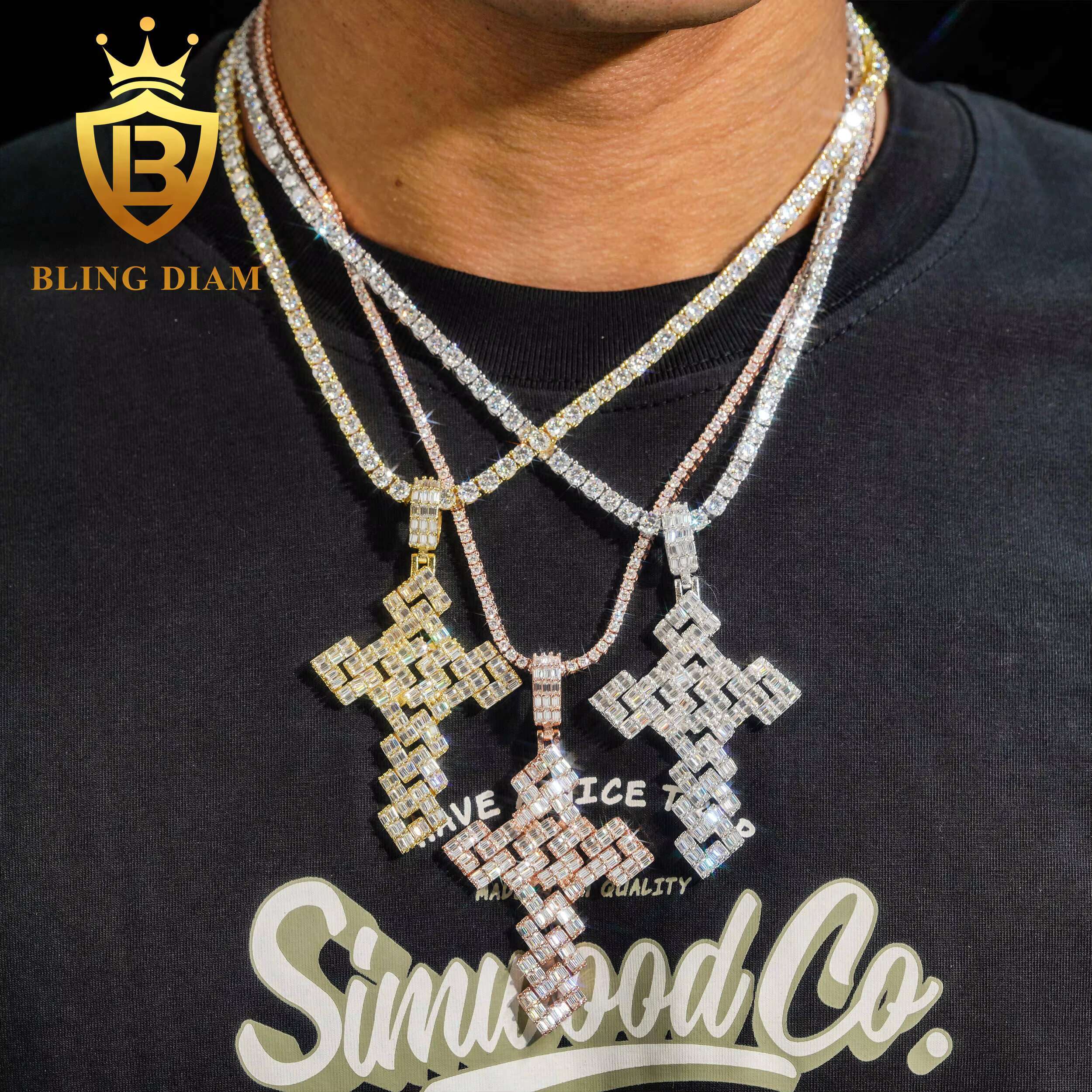 Solid 925 Sterling Silver Hip Hop Moissanite Cross Pendant High Quality Iced Out Hip Hop Pendant for Tennis Chain Necklace