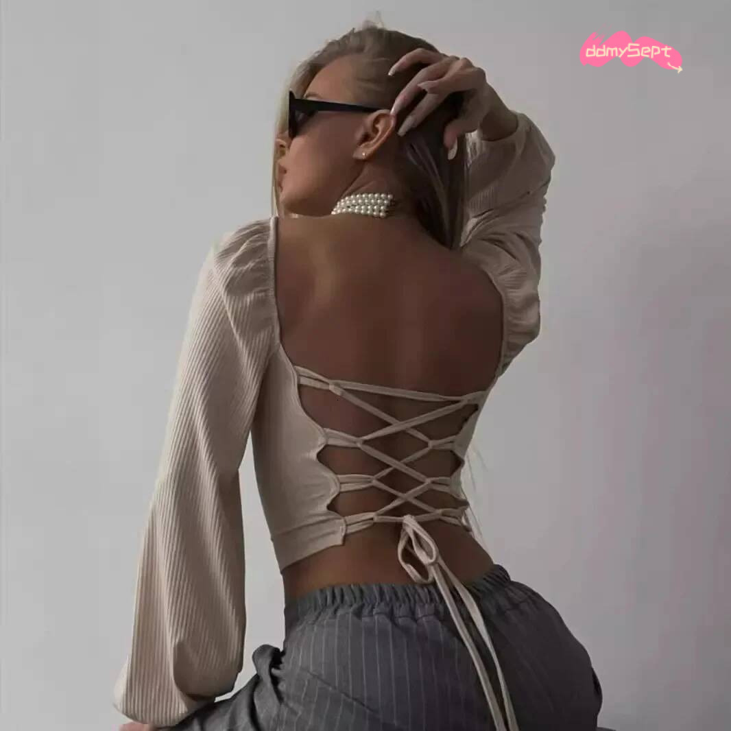 Sexy Ins Trendy Two-Way Wear Ladies T-Shirt Sensible Square Collar Open-Back Fitted Waist Long Sleeve Top ddmysept