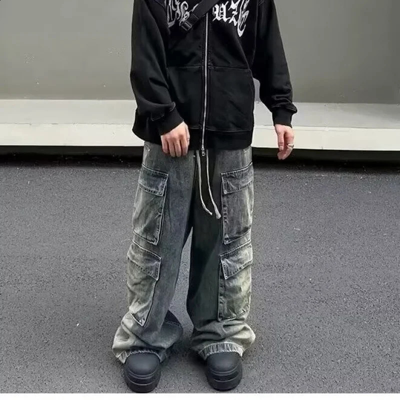 Simple and stylish washed blue multi pocket wide leg straight jeans lazy Harajuku clown trend 250423