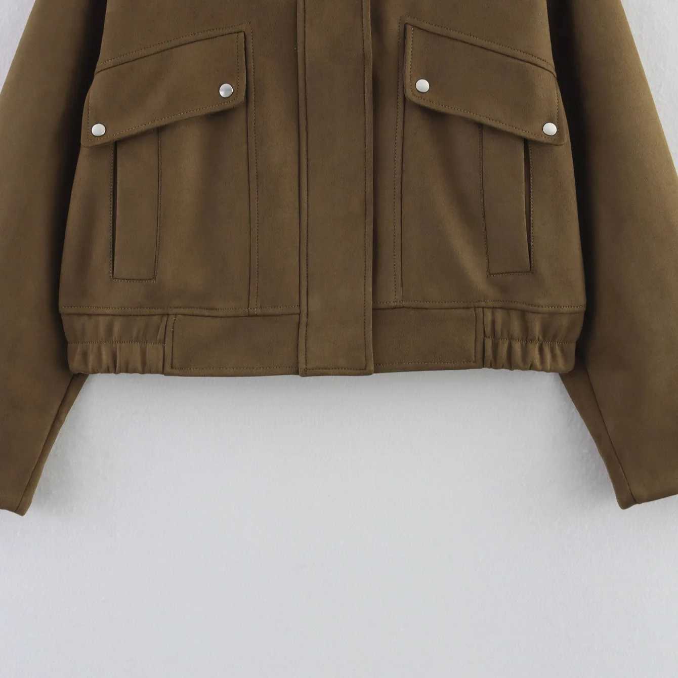 Autumn New Dark Brown Loose Pocket Pleated Vintage Jacket Women Causal Stand Collar Zipper Short Coat Winter Women Overcoat J251124