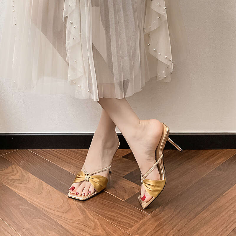 Woman Sandals New Slippers Xia Butterfly Bow Water Diamond Sandals Women Slim With Exposed Toes Cool Slippers Fairy Style High Heels For Women