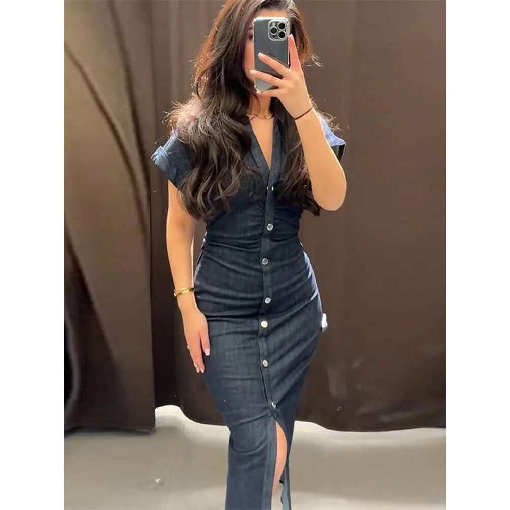 Elegant Pleated Women Denim Dress Turn-Down Collar Single Breasted Slim Female Long Dresses 2025 Summer New Fashion Lady Robe