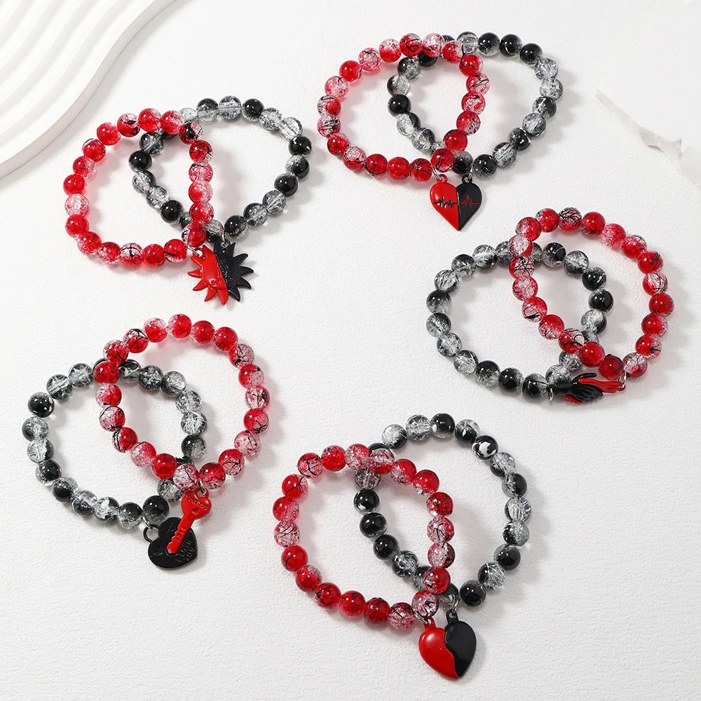 Couple - style Crackle Glass Bead Bracelets with Heart - shaped Pendant