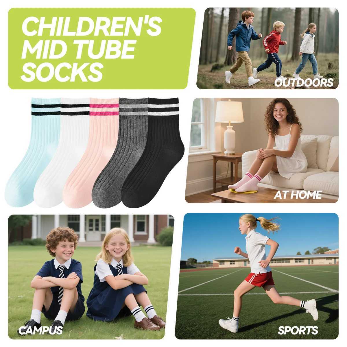 Kids Boys Girls Cotton Socks - Seamless Double Needle Ribbed 2-Stripe Teens Students All Season School Home Sports Socks G251124