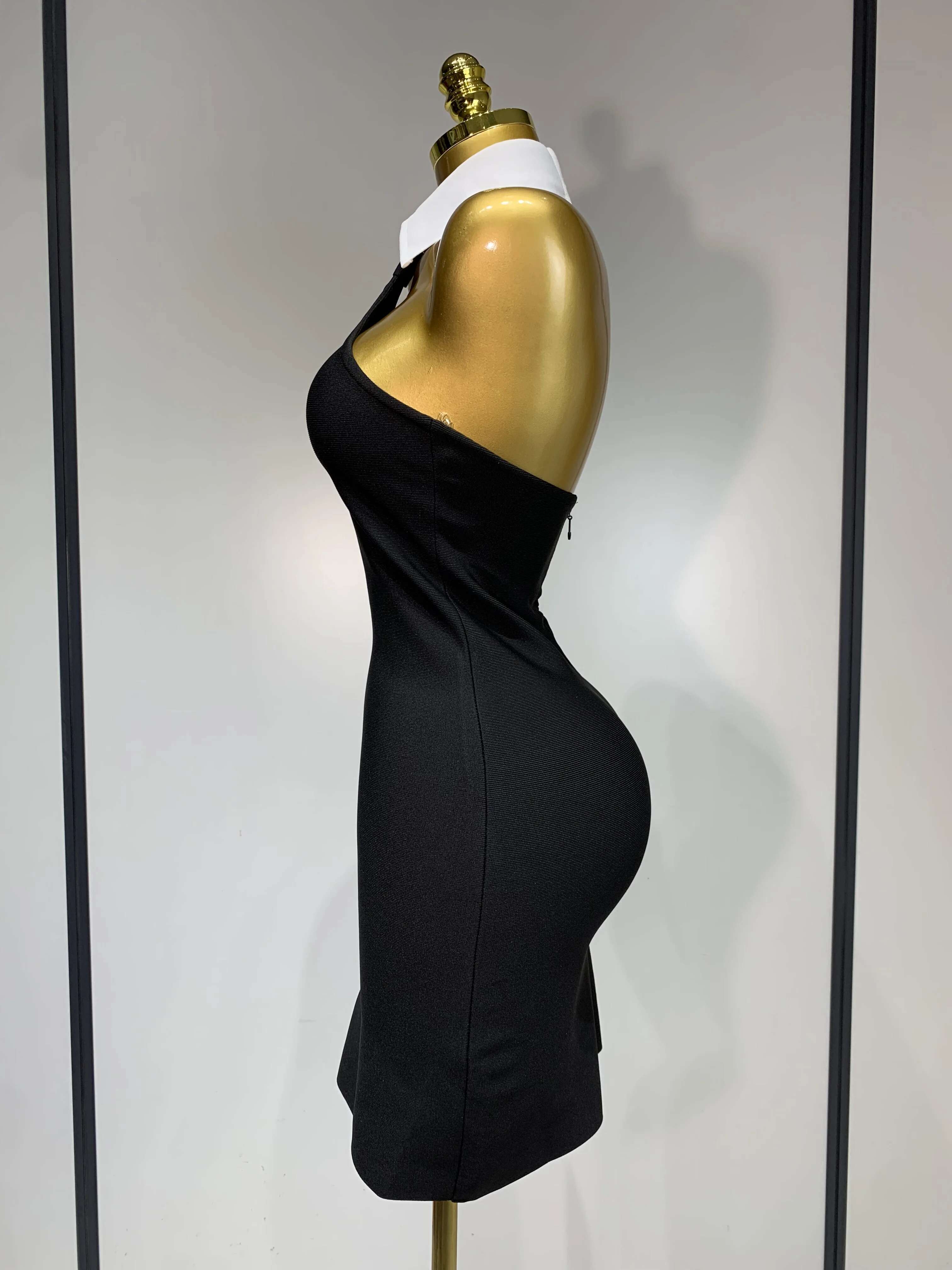 Women Sexy Backless White Shirt Collar Black Mini Bodycon Bandage Dress 2025 Elegant Evening Club Party Birthday Dresses