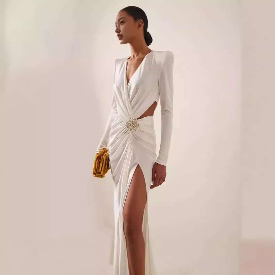 TWOTWINSTYLE Solid Fashion Spliced Fold Dresses For Women V Neck Long Sleeve Patchwork Hollow Out Dress Female Temperament Style