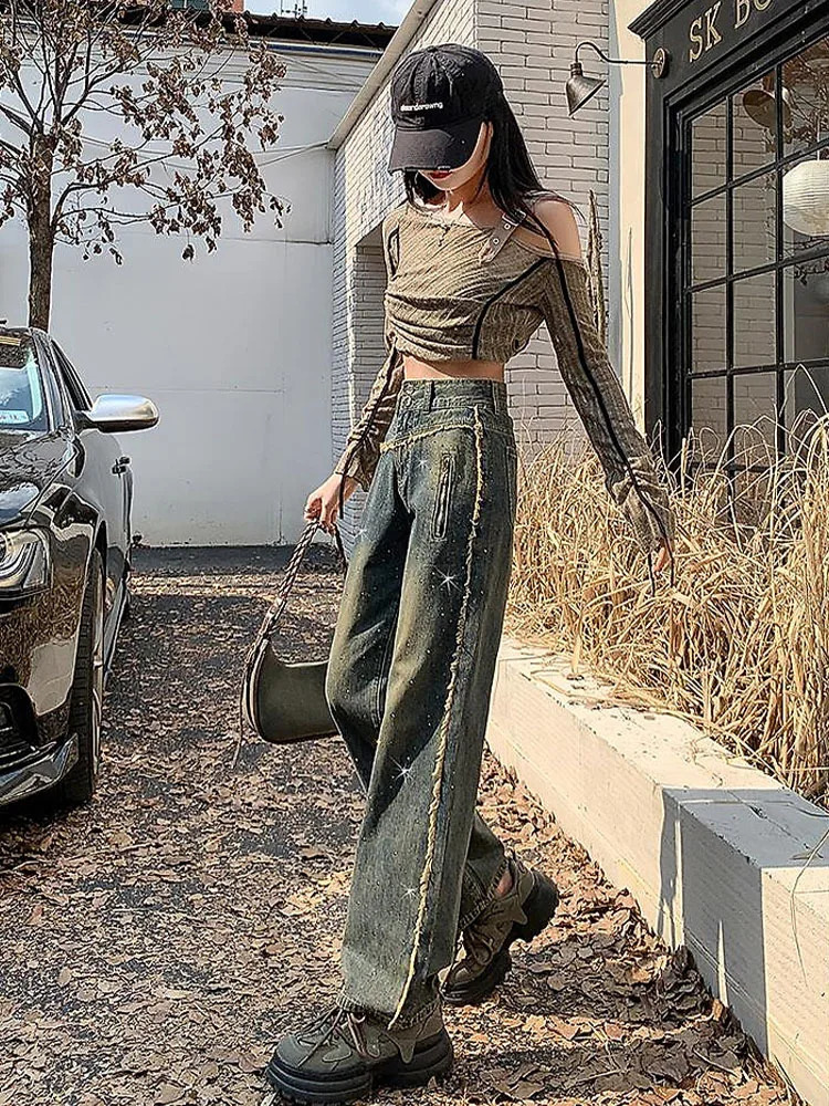 Womens jeans high waisted black all diamond rhinestone solid color straight wide legs denim pants fashion for autumn 250422