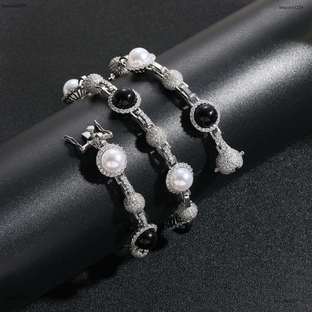 Luxury hip hop micro-inlaid sterling silver ice out VVS Moissanite black and white pearl necklace, men and women's cascading chain Free delivery