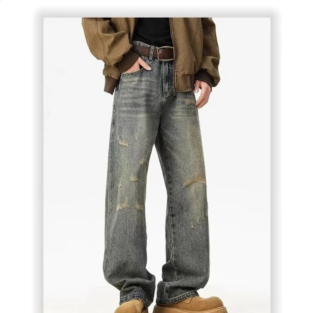 ly Washed Distressed Ripped Mens Pocket Jeans Retro Straight Wide Leg Denim Pants Street Clothing Fashion Blue Jeans 250423